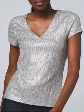 WHBM Shimmery Silver V-Neck Short Sleeve Women’s Top XS
